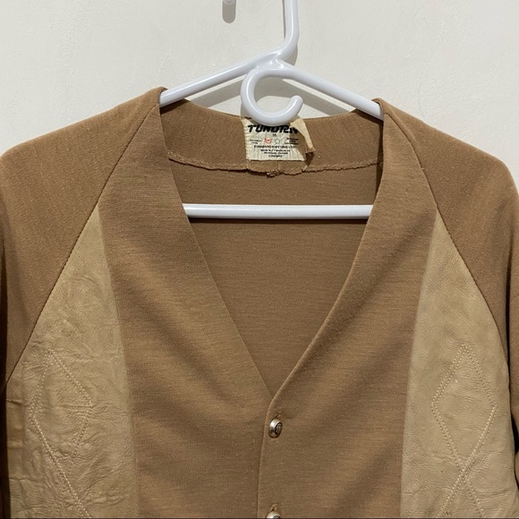 Vintage 70s Suede Knit Cardigan Sweater Patchwork Detail Camel Tan V-Neck M/L - Picture 4 of 15